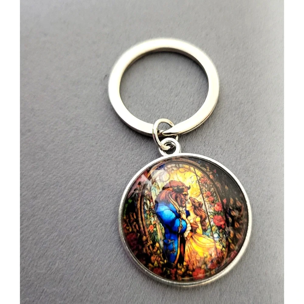 Beauty and the Beast Stained Glass Keychain Round Domed Glass Silver Tone Charm‎